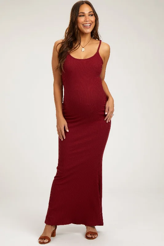 Burgundy Ribbed Maternity Maxi Dress Fashionable Layered Maxi Dress