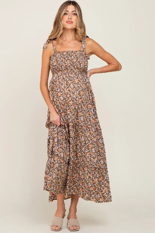 Camel Floral Sleeveless Tiered Maternity Maxi Dress Fashionable Chiffon Maxi Dress