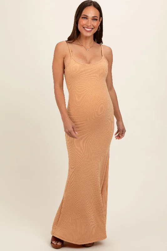 Camel Sleeveless Ribbed Maternity Maxi Dress Fashionable Button-Down Maxi Dress