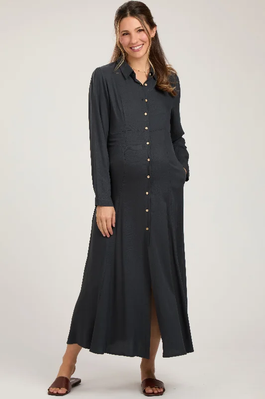 Charcoal Collared Button Down Long Sleeve Maternity Maxi Dress Classic Black Maxi Dress