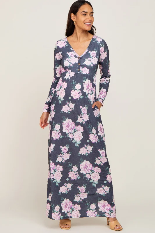 Charcoal Floral Button Front Maternity Maxi Dress Trendy A-Line Maxi Dress