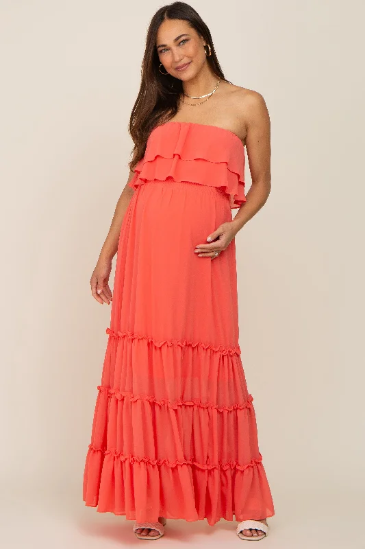 Coral Chiffon Strapless Ruffle Tiered Maternity Maxi Dress Stylish Boho Maxi Dress