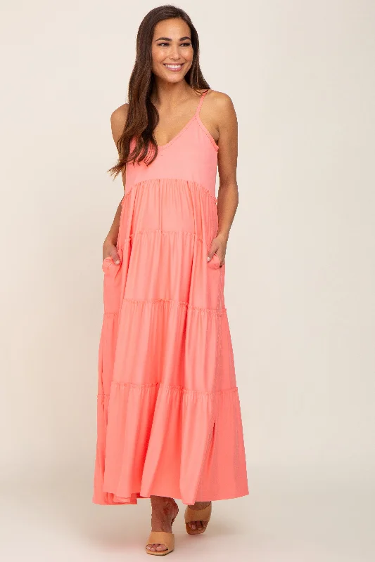 Coral Pink Tiered Sleeveless Maternity Maxi Dress Elegant Maxi Dress with Belt