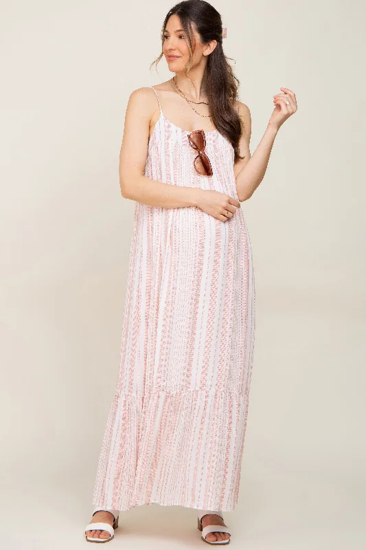 Coral Striped Sleeveless Maternity Maxi Dress Elegant Pleated Maxi Dress