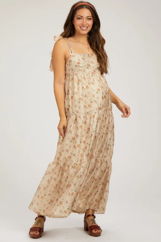 Cream Floral Shoulder Tie Tiered Maternity Maxi Dress Cozy Knitted Maxi Dress