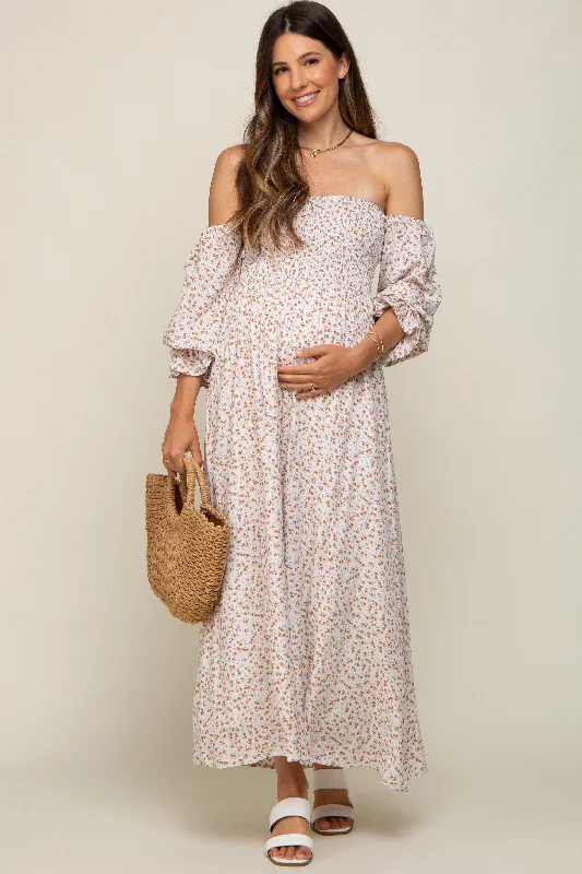 Cream Floral Square Neck Smocked Long Sleeve Maternity Maxi Dress Elegant Velvet Maxi Dress