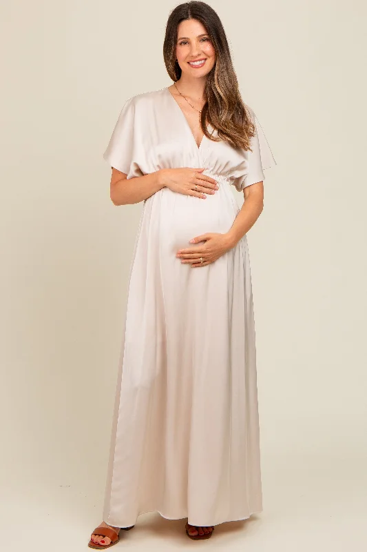 Cream Satin V-Neck Flutter Short Sleeve Maternity Maxi Dress Elegant Maxi Dress with Slit