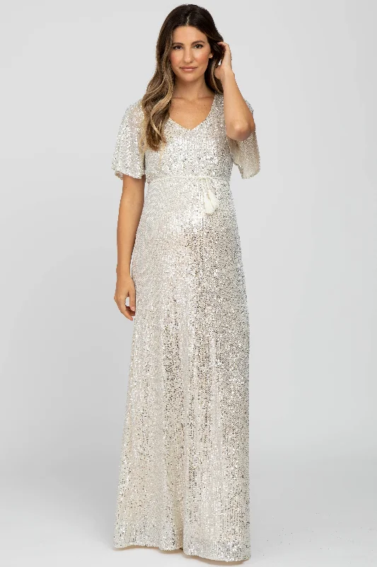 Cream Sequin Short Sleeve Maternity Maxi Dress Fashionable High-Waist Maxi Dress