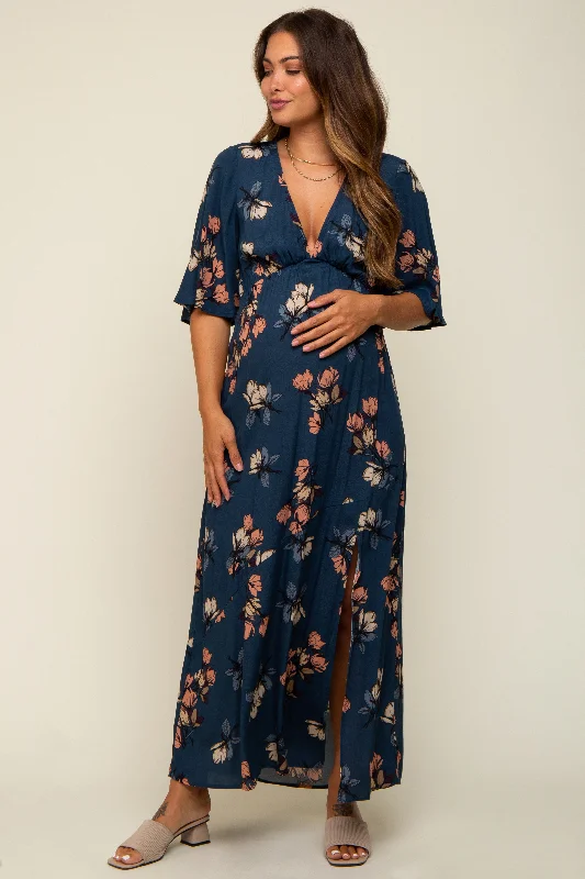 Dark Teal Floral Deep V-Neck Short Sleeve Front Slit Maternity Maxi Dress Trendy Maxi Dress with Straps