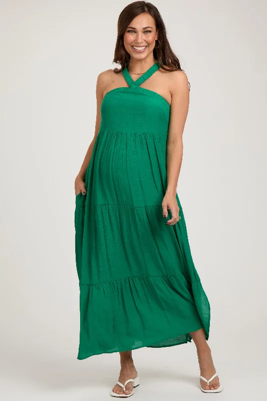 Emerald Halter Tiered Maternity Maxi Dress Elegant Maxi Dress with Drapes