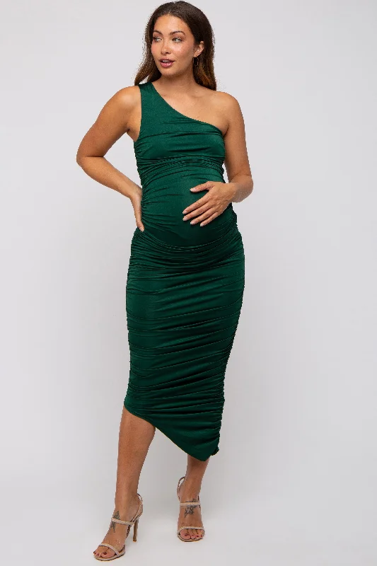 Forest Green Ruched Asymmetrical Maternity Maxi Dress Stylish One-Shoulder Maxi Dress