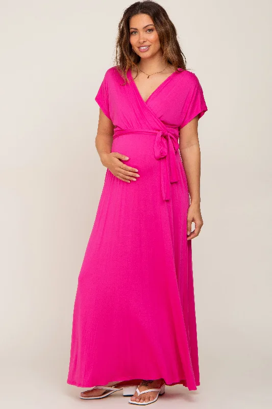 Fuchsia Basic Maternity Wrap Maxi Dress Trendy Off-Shoulder Ruffle Maxi Dress