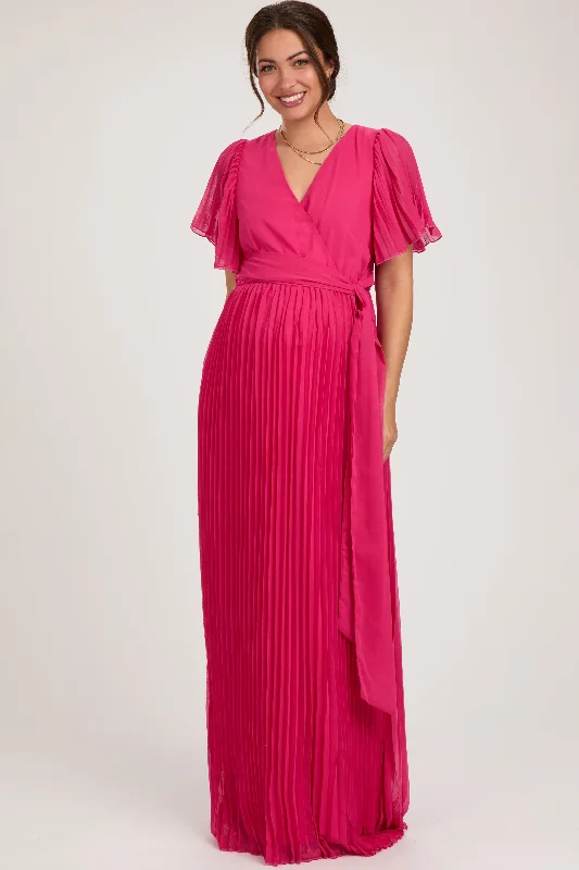 Fuchsia Chiffon Wrap Front V-Neck Short Sleeve Pleated Maternity Maxi Dress Trendy Floral Print Maxi Dress