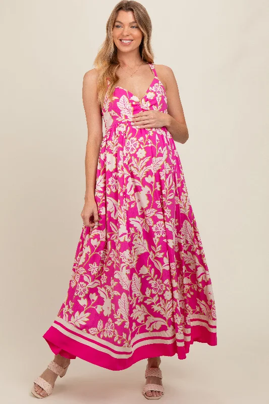 Fuchsia Floral Cutout Back Tie Maternity Maxi Dress Trendy Printed Maxi Dress