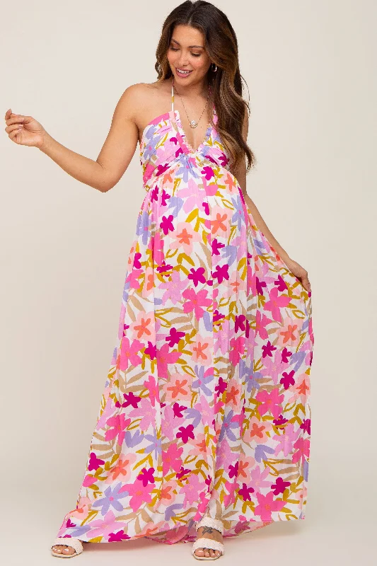 Fuchsia Floral Deep V Halter Maternity Maxi Dress Stylish Longline Maxi Dress