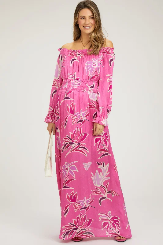 Fuchsia Floral Ruffle Neck Maternity Maxi Dress Fashionable Sheer Maxi Dress