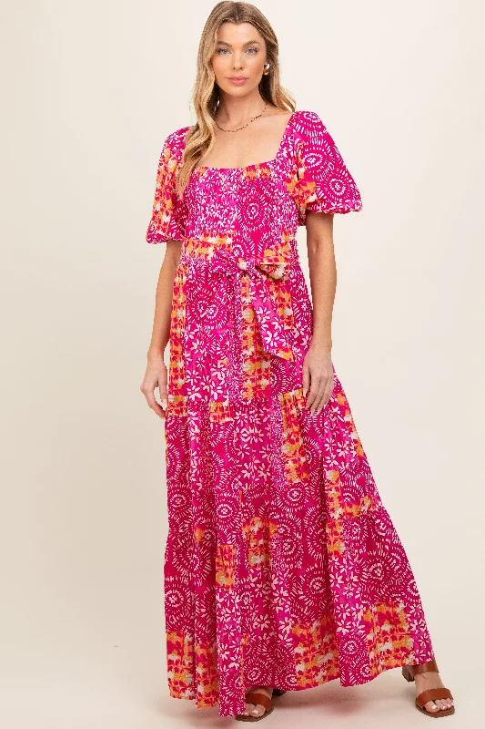 Fuchsia Floral Smocked Short Puff Sleeve Tiered Maternity Maxi Dress Comfortable Pleated Maxi Dress