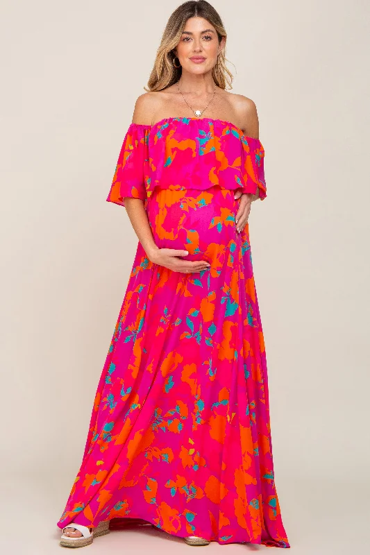 Fuchsia Floral Strapless Flounce Maternity Maxi Dress Fashionable Printed Maxi Dress