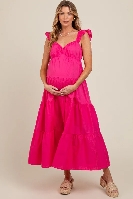 Fuchsia Sleeveless Tiered Maternity Maxi Dress Stylish Long Sleeve Maxi Dress