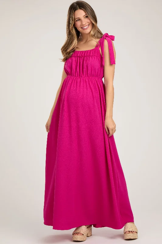 Fuchsia Square Neck Shoulder Tie Maternity Maxi Dress Fashionable Open-Back Maxi Dress