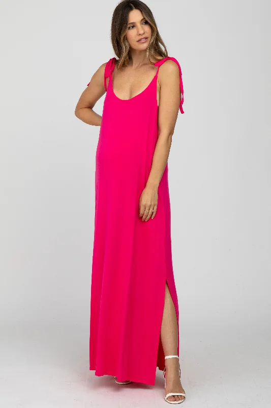 Fuchsia Tie Strap Side Slit Maternity Maxi Dress Comfortable Maxi Dress with Slits