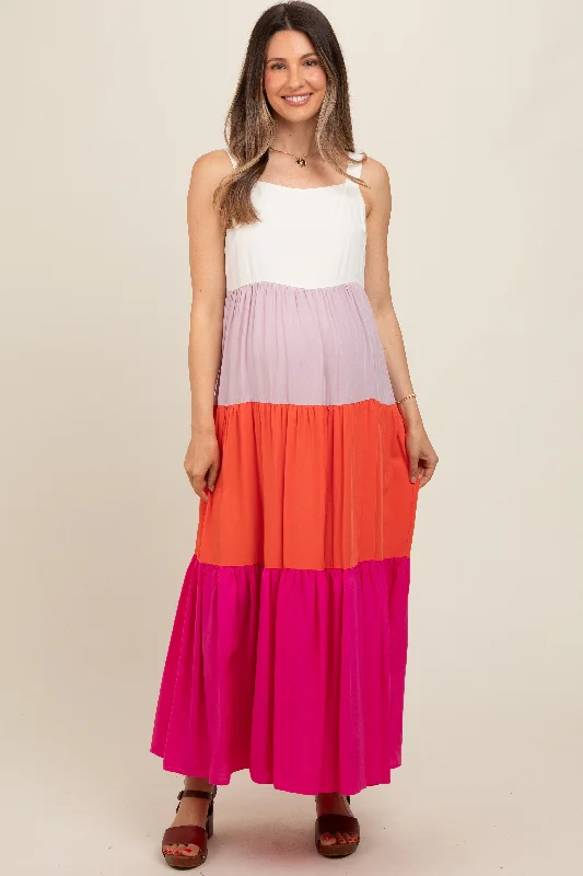 Fuchsia Tiered Colorblock Maternity Maxi Dress Trendy Fit-and-Flare Maxi Dress