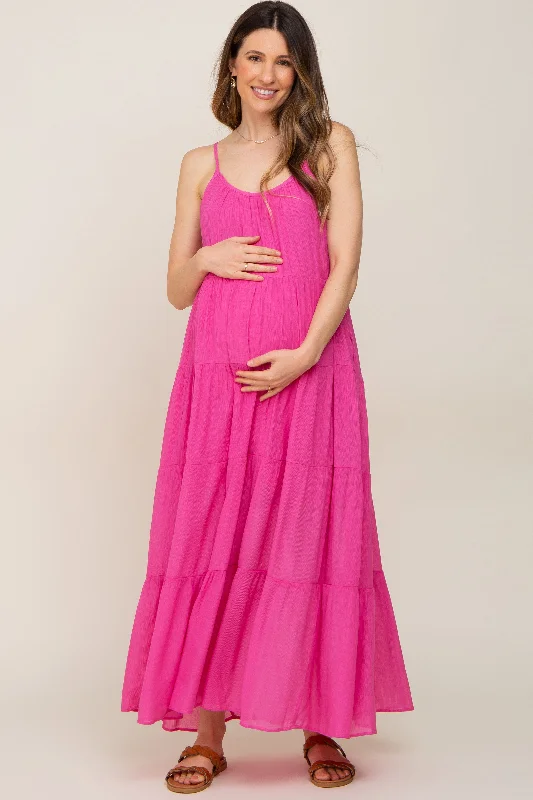 Fuchsia Tiered Maternity Maxi Dress Comfortable Fitted Maxi Dress