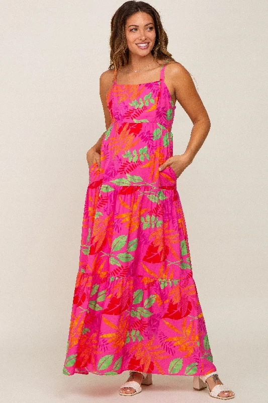 Fuchsia Tropical Leaf Print Maternity Maxi Dress Chic Off-Shoulder Maxi Dress