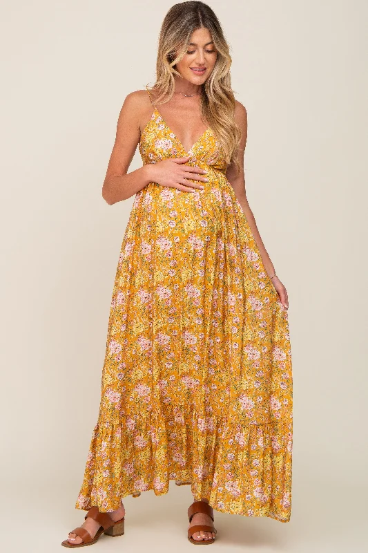 Gold Floral Back Tie Cutout Maternity Maxi Dress Cozy Spaghetti Strap Maxi Dress