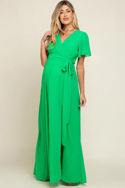 Green Chiffon Short Sleeve Wrap V-Neck Front Slit Maternity Maxi Dress Cozy Cold-Shoulder Maxi Dress