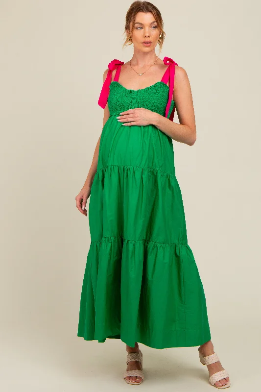 Green Contrast Shoulder Straps Maternity Maxi Dress Fashionable High-Low Maxi Dress