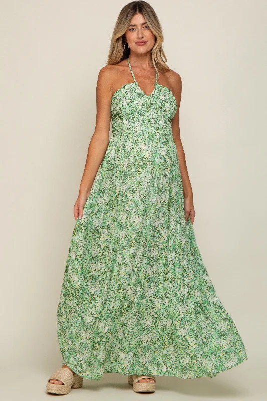 Green Floral Halter Neck Maternity Maxi Dress Cozy Ribbed Maxi Dress