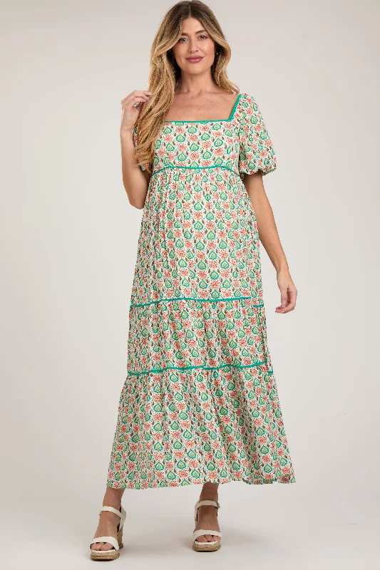 Green Floral Print Puff Sleeve Maternity Maxi Dress Cozy Ruffle Sleeve Maxi Dress