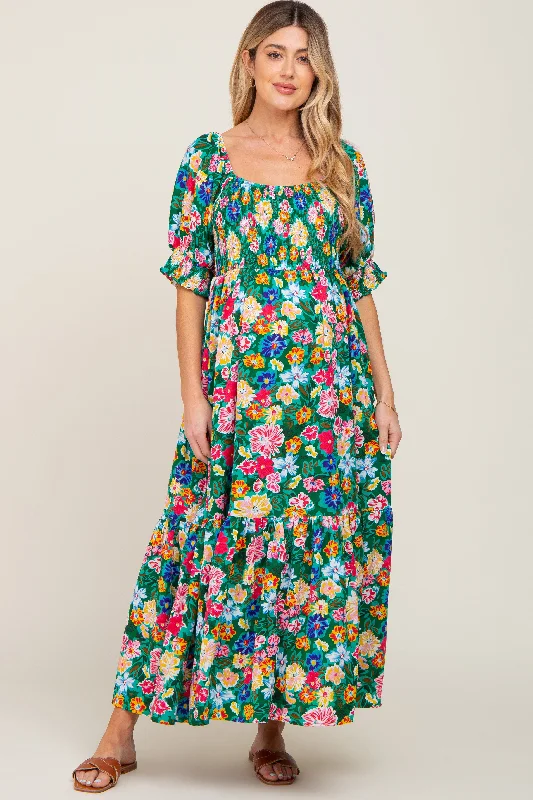 Green Floral Smocked Puff Sleeve Maternity Maxi Dress Classic Tulle Maxi Dress