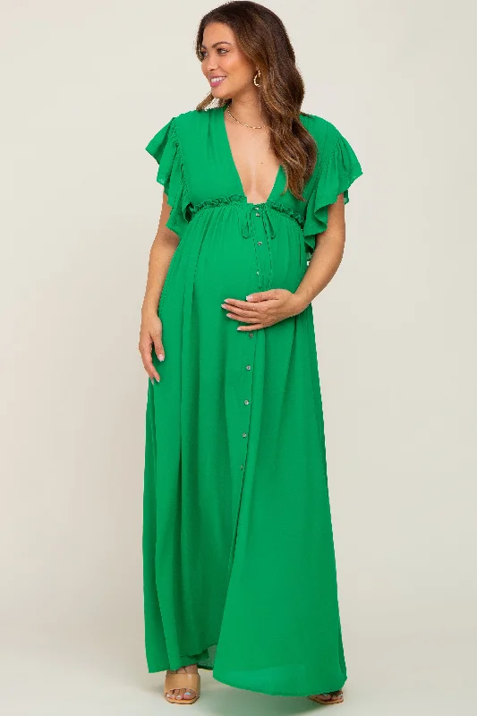 Green Flounce Button Front Maternity Maxi Dress Elegant Lace-Up Maxi Dress