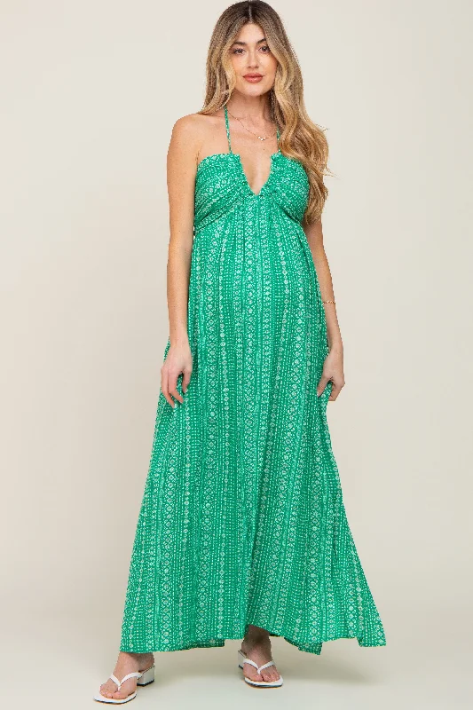 Green Halter Printed Side Slit Maternity Maxi Dress Fashionable Open-Back Maxi Dress