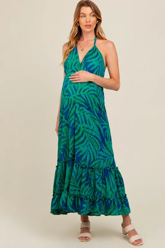 Green Leaf Print Halter Maternity Maxi Dress Stylish Pleated A-Line Maxi Dress