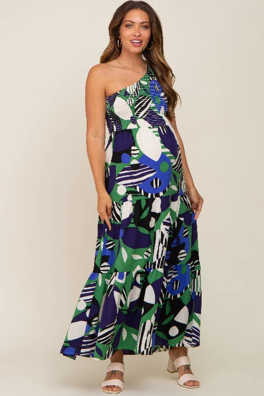 Green Printed One Shoulder Tiered Maternity Maxi Dress Stylish One-Shoulder Maxi Dress