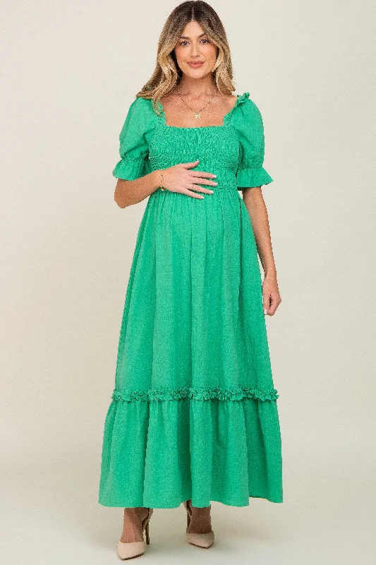 Green Puff Sleeve Ruffle Accent Maternity Maxi Dress Comfortable Satin Maxi Dress