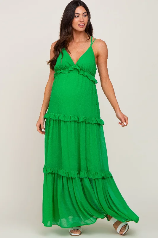 Green Ruffle Tier Cross Back Maternity Maxi Dress Casual Maxi Dress with Pockets