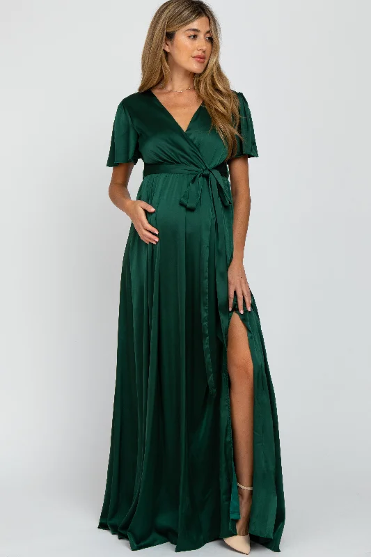 Green Side Slit Satin Maternity Maxi Dress Fashionable Open-Back Maxi Dress