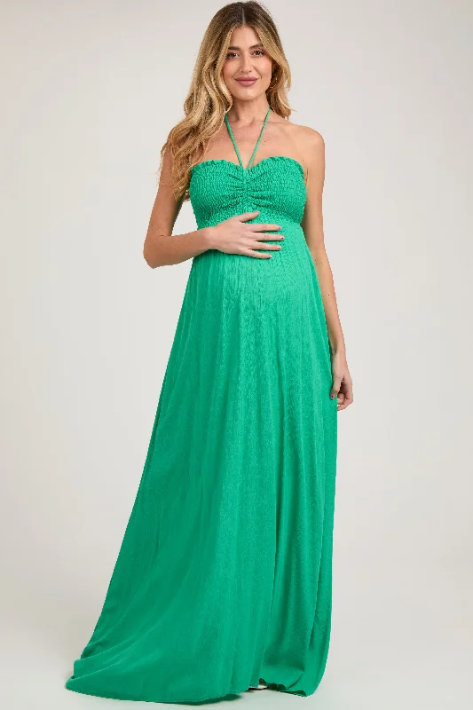 Green Smocked Halter Maternity Maxi Dress Fashionable Chiffon Maxi Dress