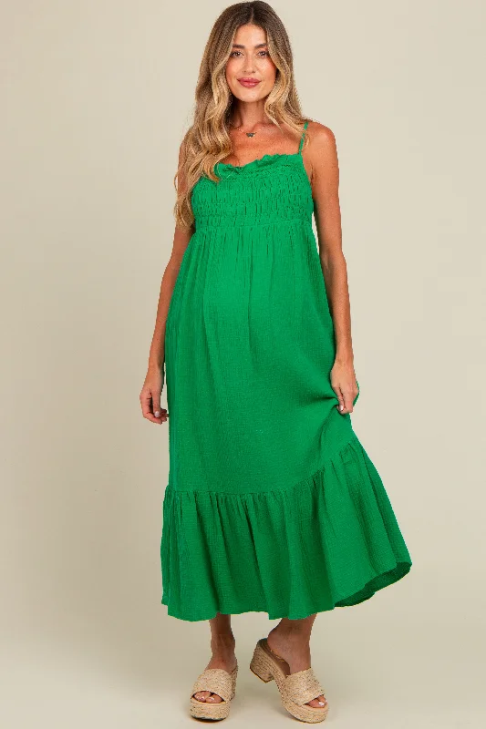 Green Smocked Maternity Maxi Dress Cozy Maxi Dress with Slit