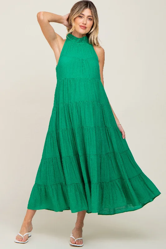 Green Tiered High Neck Maternity Maxi Dress Elegant Maxi Dress with Pockets