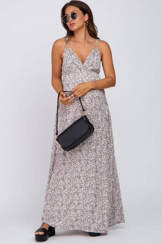 Grey Printed Sleeveless Maternity Maxi Dress Trendy V-Neck Maxi Dress