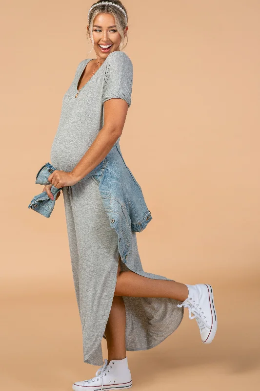 Grey Solid Short Sleeve Maternity Maxi Dress Fashionable Chiffon Maxi Dress