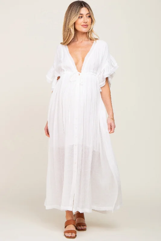 Ivory Deep V-Neck Button Down Maternity Maxi Dress Comfortable Maxi Dress with Slits