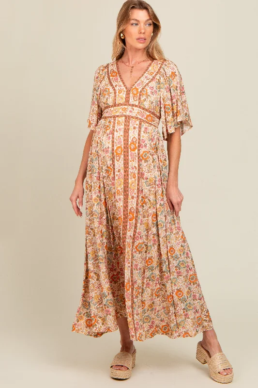 Ivory Floral Border Print Flutter Sleeve Maternity Maxi Dress Cozy Longline Maxi Dress