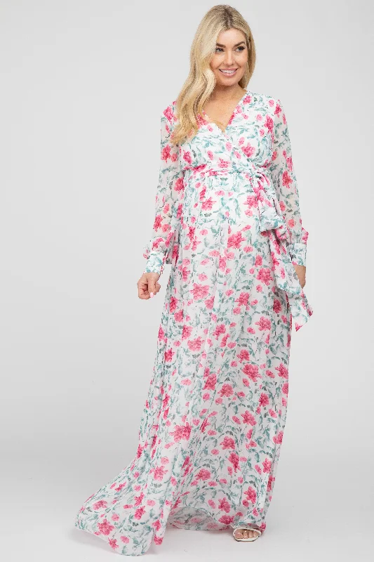 Ivory Floral Chiffon Long Sleeve Pleated Maternity Maxi Dress Fashionable High-Low Maxi Dress