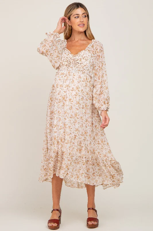 Ivory Floral Chiffon Ruffle Maternity Maxi Dress Fashionable Layered Maxi Dress